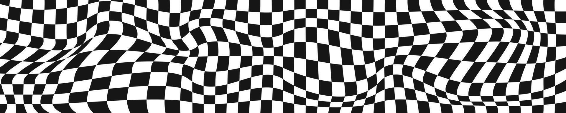 Waved checkered pattern background in y2k style. Warped texture with black and white squares. Undulate chessboard, race flag, textile plaid, tile floor surface. vector