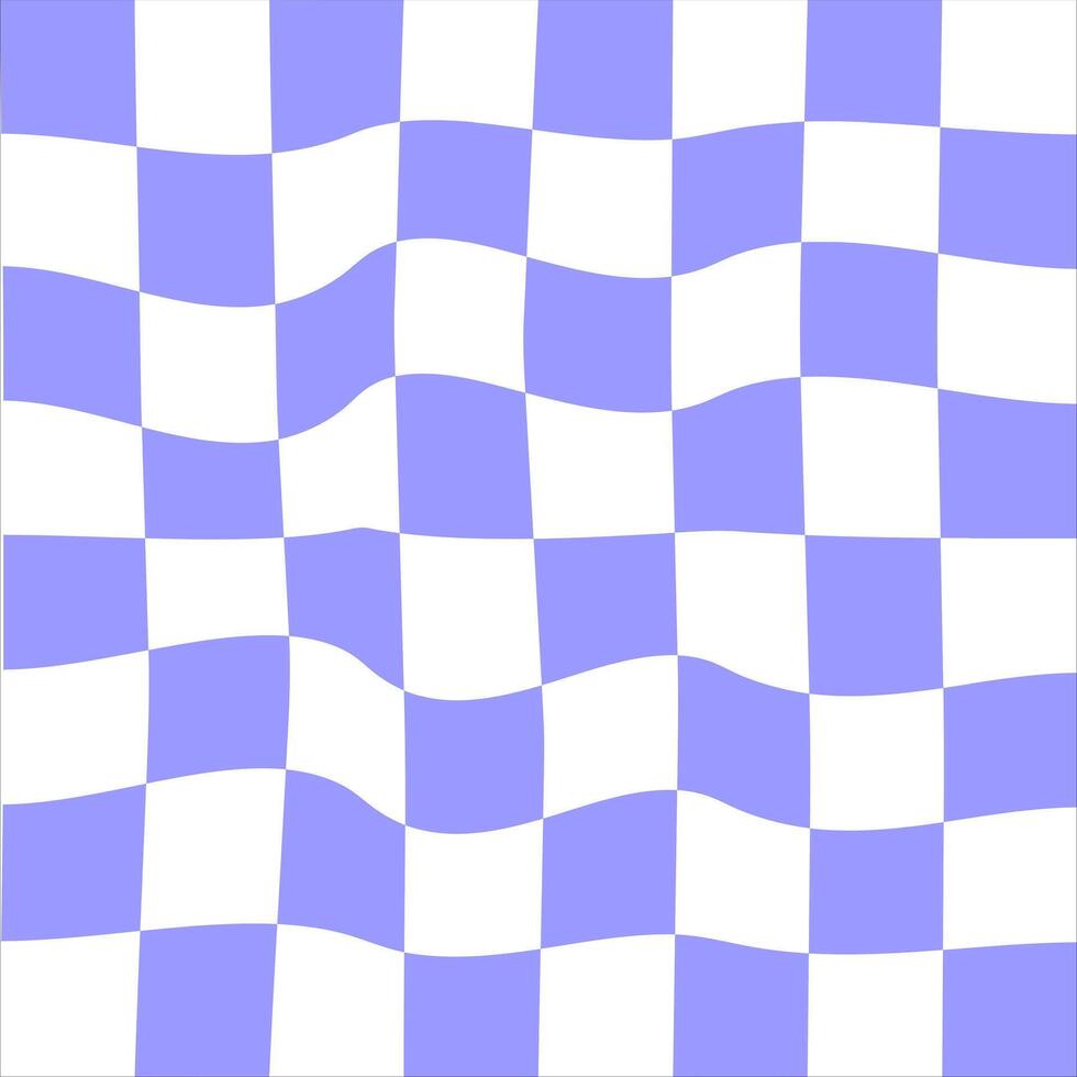 Distorted purple and white chessboard background. Crazy checkerboard texture. Chequered optical illusion. Psychedelic pattern with warped squares. Hypnotizing game. vector