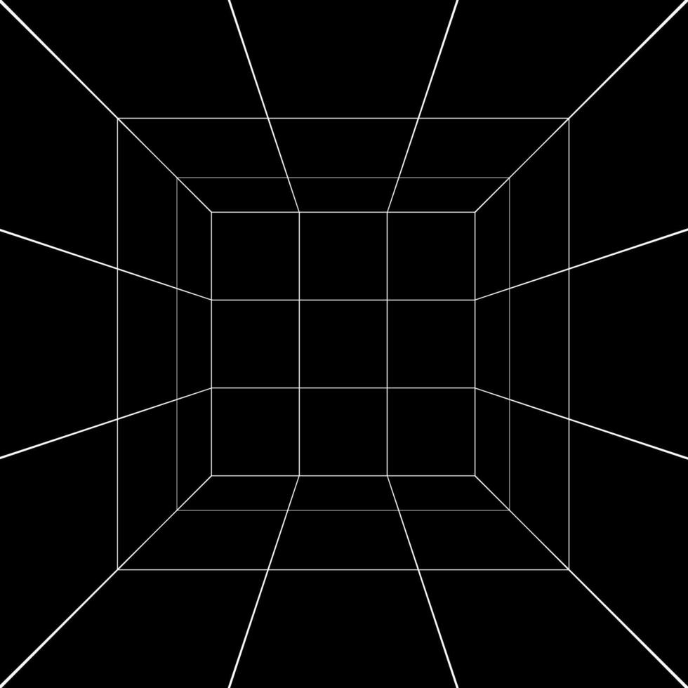White square room, hallway, studio or portal wireframe in perspective on black background. Box grid structure. Engineering, architecting or technical isometric scheme. vector