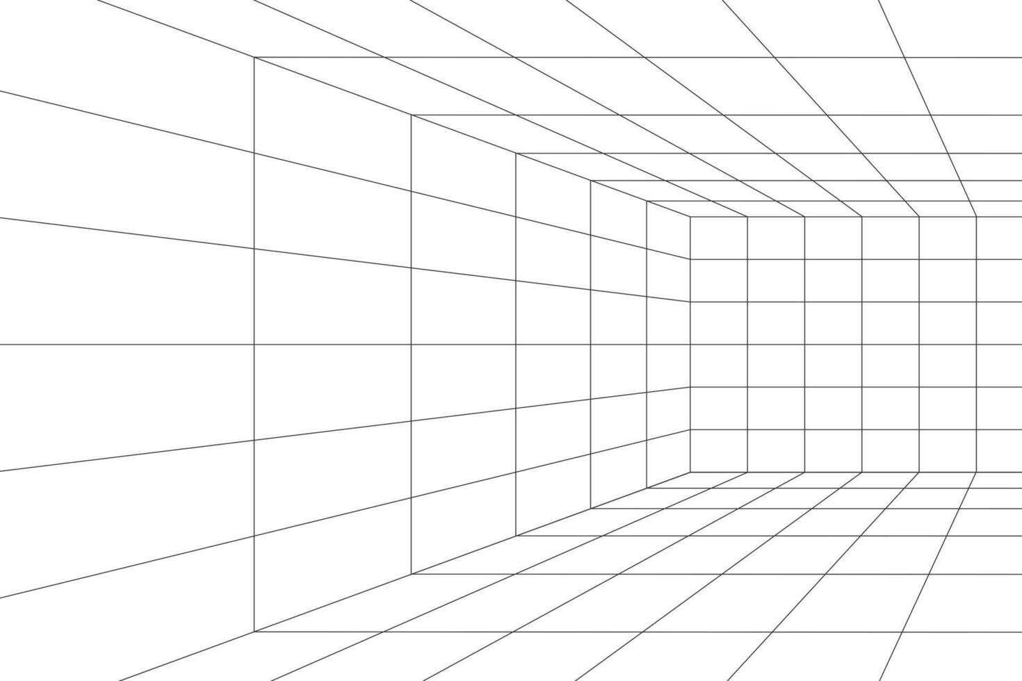 Cube room, hallway, studio or cyberspace portal wireframe in perspective. Box grid structure. Engineering, architecting or technical scheme. Cage perspective frame. vector