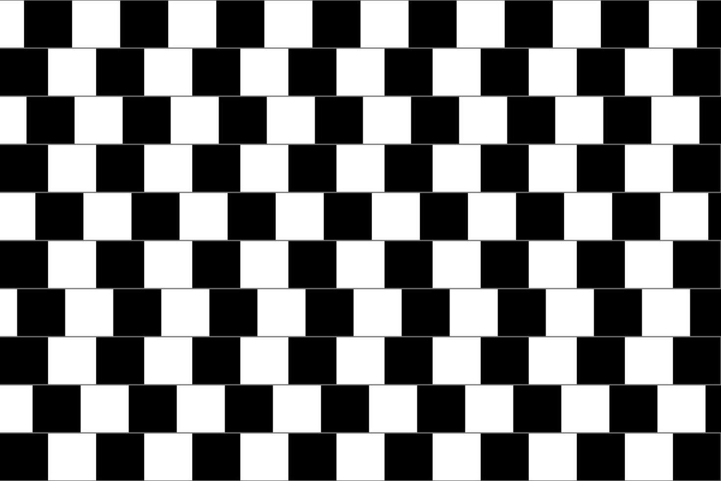 Shifted horizontal parallel lines with squares. Optical illusion with delusion effect. Checkered black and white pattern. Mosaic texture with visual deception motif. vector