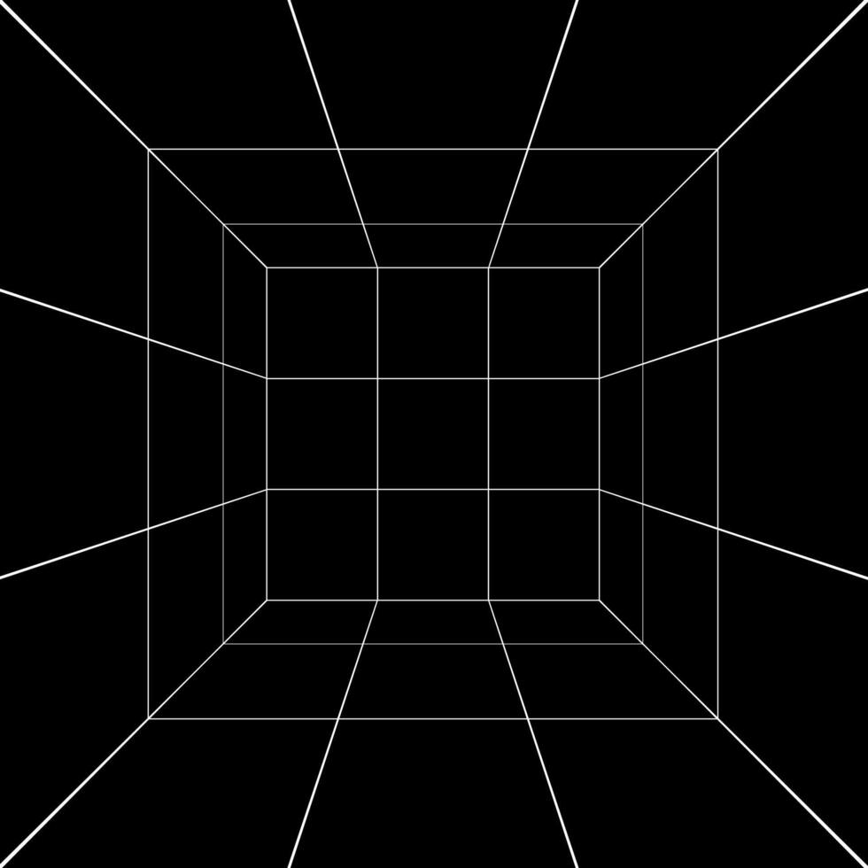White square room, hallway, studio or portal wireframe in perspective on black background. Box grid structure. Engineering, architecting or technical isometric scheme. vector