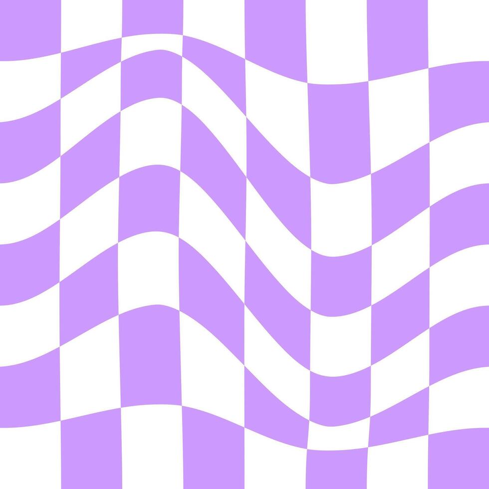 Distorted chess board background. Undulate plaid texture. Checkered visual illusion. Psychedelic pattern with warped blue and white squares. Trippy checkerboard surface. vector