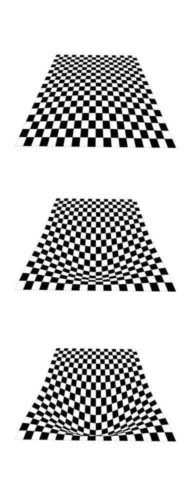 Distortion process of checkered planes in perspective. Warped tile floor. Set of curvatured checkerboard textures. Convex boards with squared pattern. Gravity phenomenon. vector