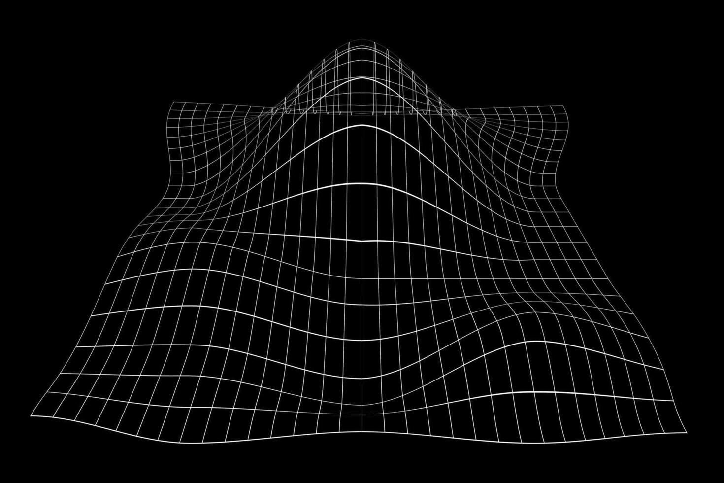 Grid perspective deformation. White terrain wireframe on black background. Relief meshed structure. Distorted lattice surface. vector