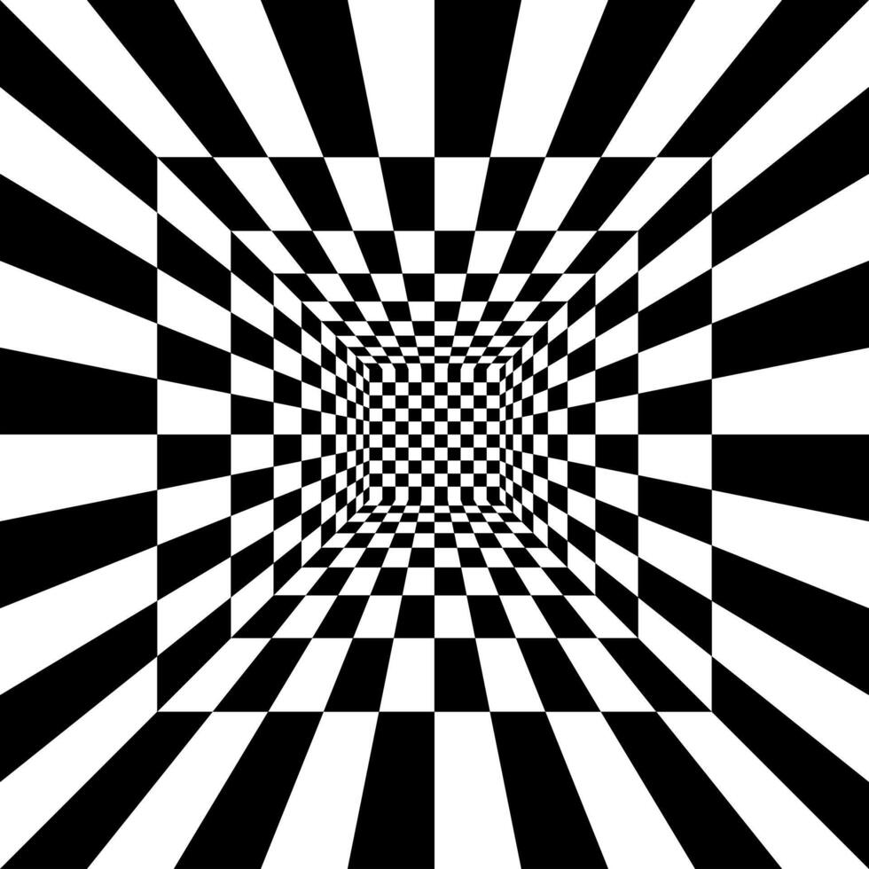 Square room with checkered surface. Hall, studio or portal interior texture in perspective. Inside structure of box with black and white squared pattern. 3D dimension vector