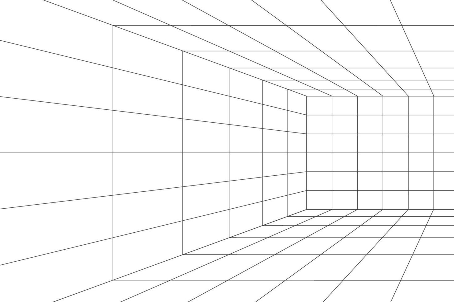 Part of room, hall, studio or portal wireframe in perspective. Box grid structure. Mesh in 3D dimension. Isometric net frame. Engineering, architecting or technical scheme. vector