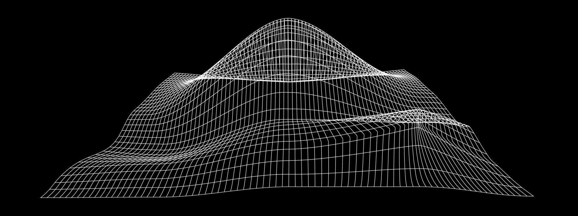 White grid deformated in perspective. Terrain wireframe on black background. Relief meshed structure. Distorted net surface. vector