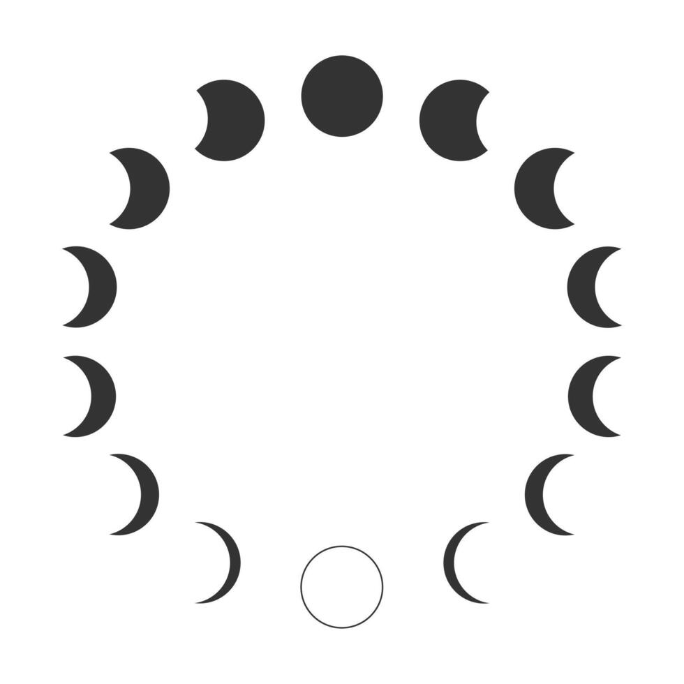 Waning and waxing Moon silhouettes in circle frame. Moon phases. Calendar lunar cycle. Round shapes of Luna celestial object isolated on white background. Astrology concept. vector