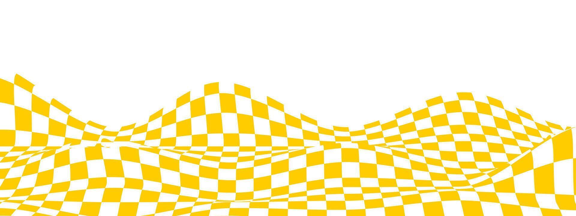 Waved checkered pattern background in y2k style. Warped texture with black and white squares. Undulate chessboard, race flag, textile plaid, tile floor surface. vector