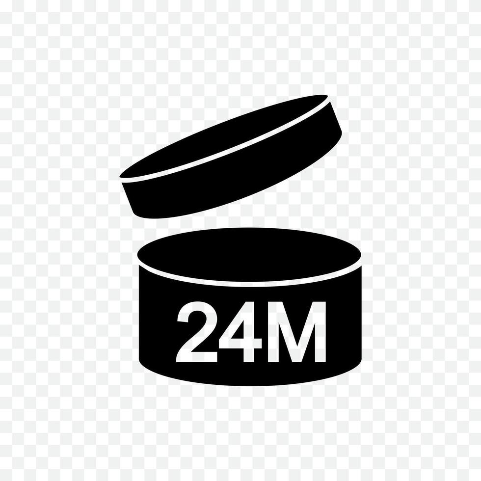 24m PAO icon. 24 months period after opening sign. Black jar with open lid and numbers. Product freshness time. Cosmetic, shampoo, makeup validity label isolated vector