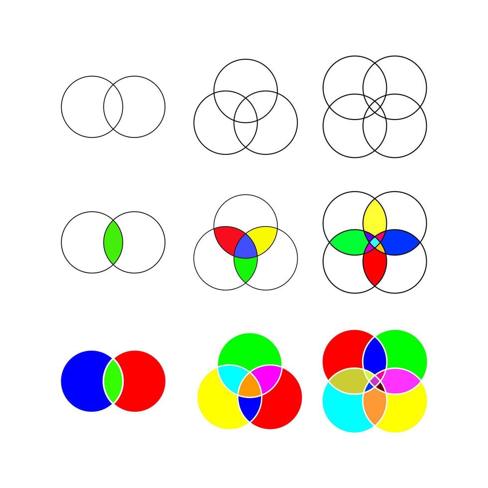 Set of Venn diagrams with overlapped circles isolated on white background. Templates of analytics schema, presentation of logical relationships between items. vector