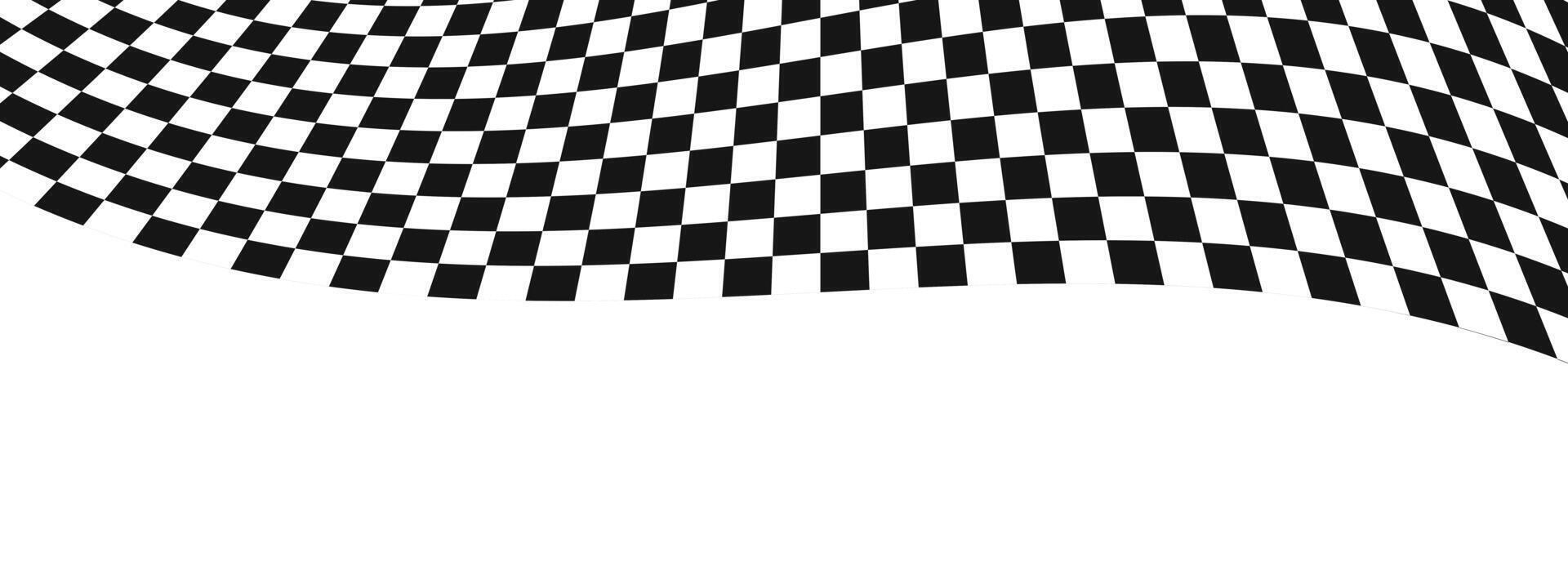 Wavy race flag or chessboard texture. Black and white checkered pattern warped in perspective. Motocross, rally, sport car or chess game competition banner layout. vector
