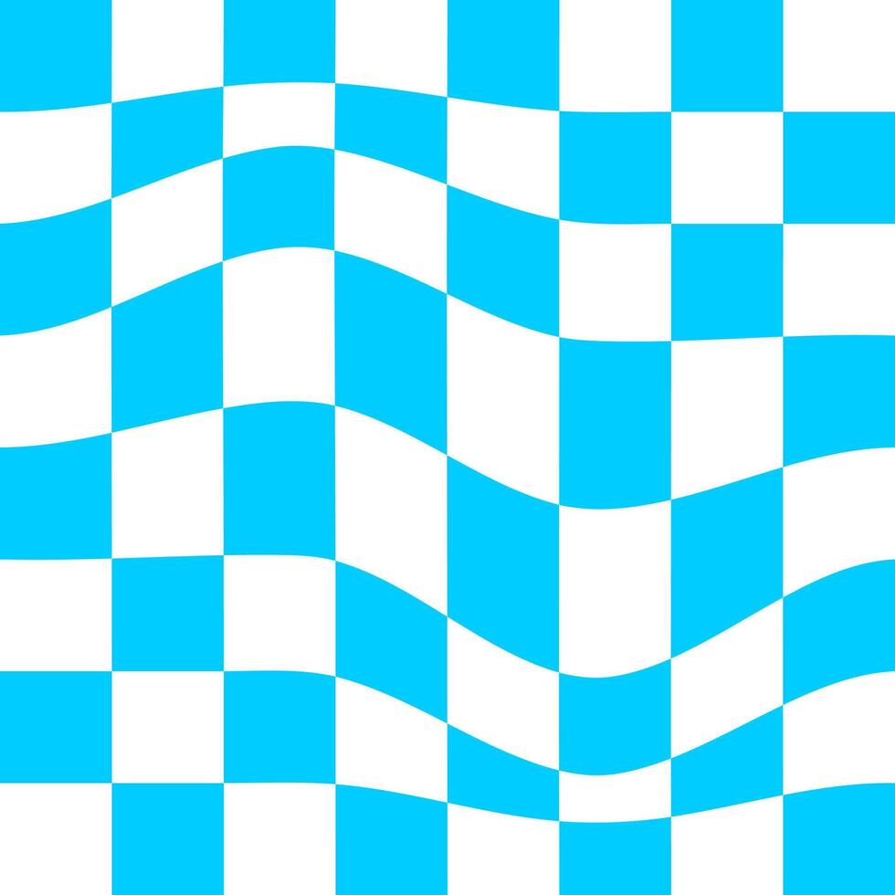 Distorted blue and white chessboard background. Chechered visual illusion. Psychedelic pattern with warped squares. Dizzy checkerboard texture. vector