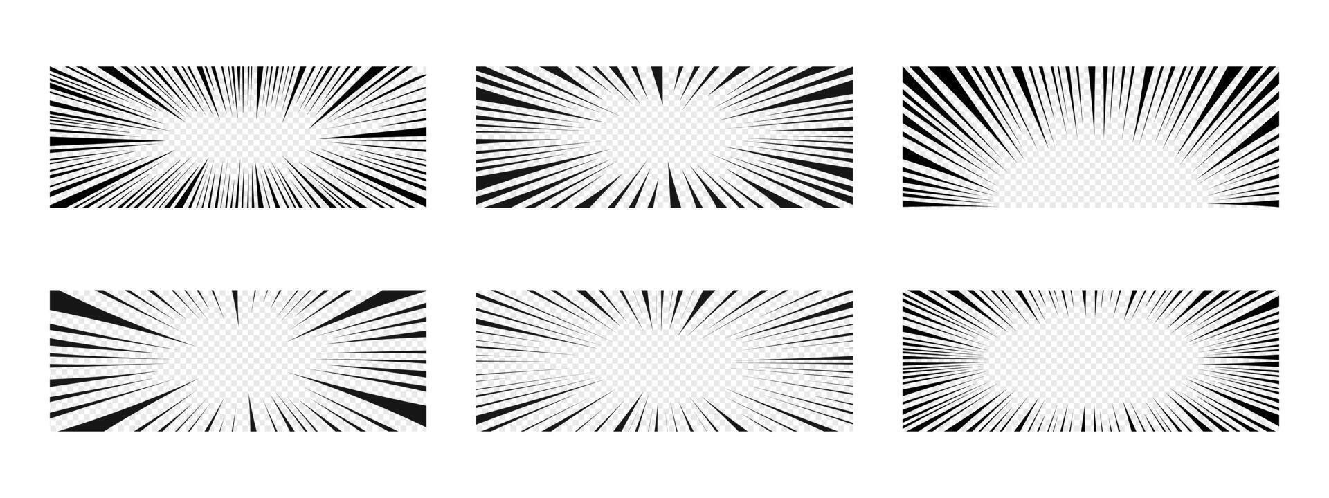 Set of cartoon or comic emphasis designs. Surprise, attention, bang, explosion, fight, power, motion, burst effect.Manga book page templates. Radial speed black lines vector