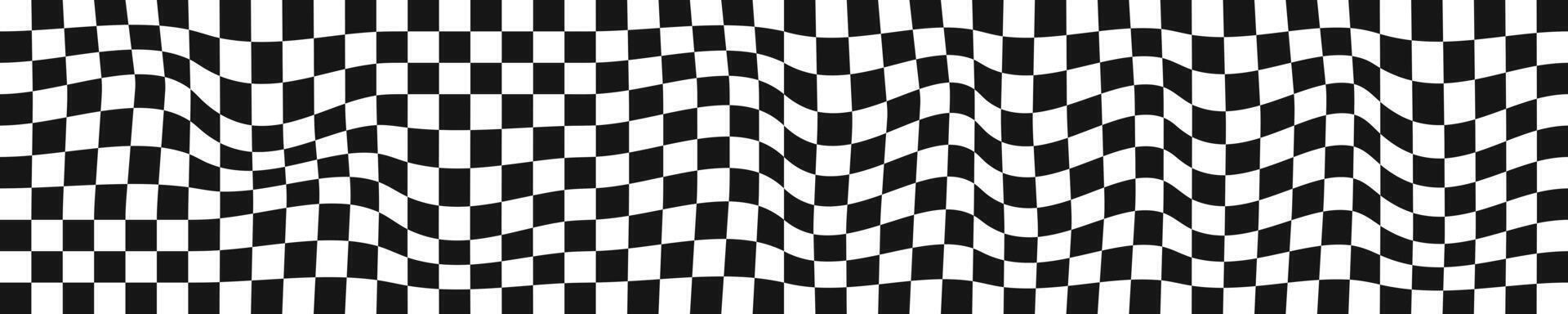 Distorted chessboard background. Checkered optical illusion. Psychedelic dizzy pattern with warped black and white squares. Trippy checkerboard surface. Race flag texture. vector