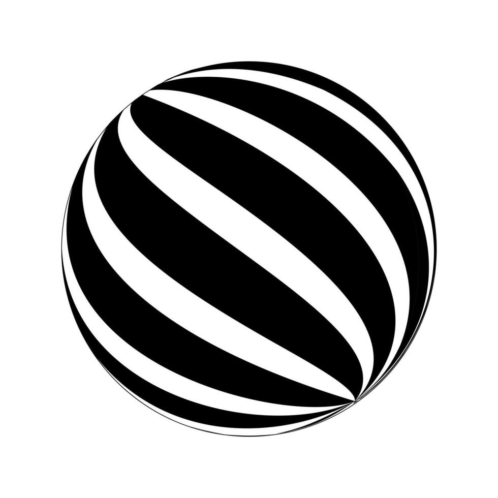 Sphere with swirled black and white stripes. 3D spherical shape model. Striped ball isolated on white background. Globe figure in perspective. vector