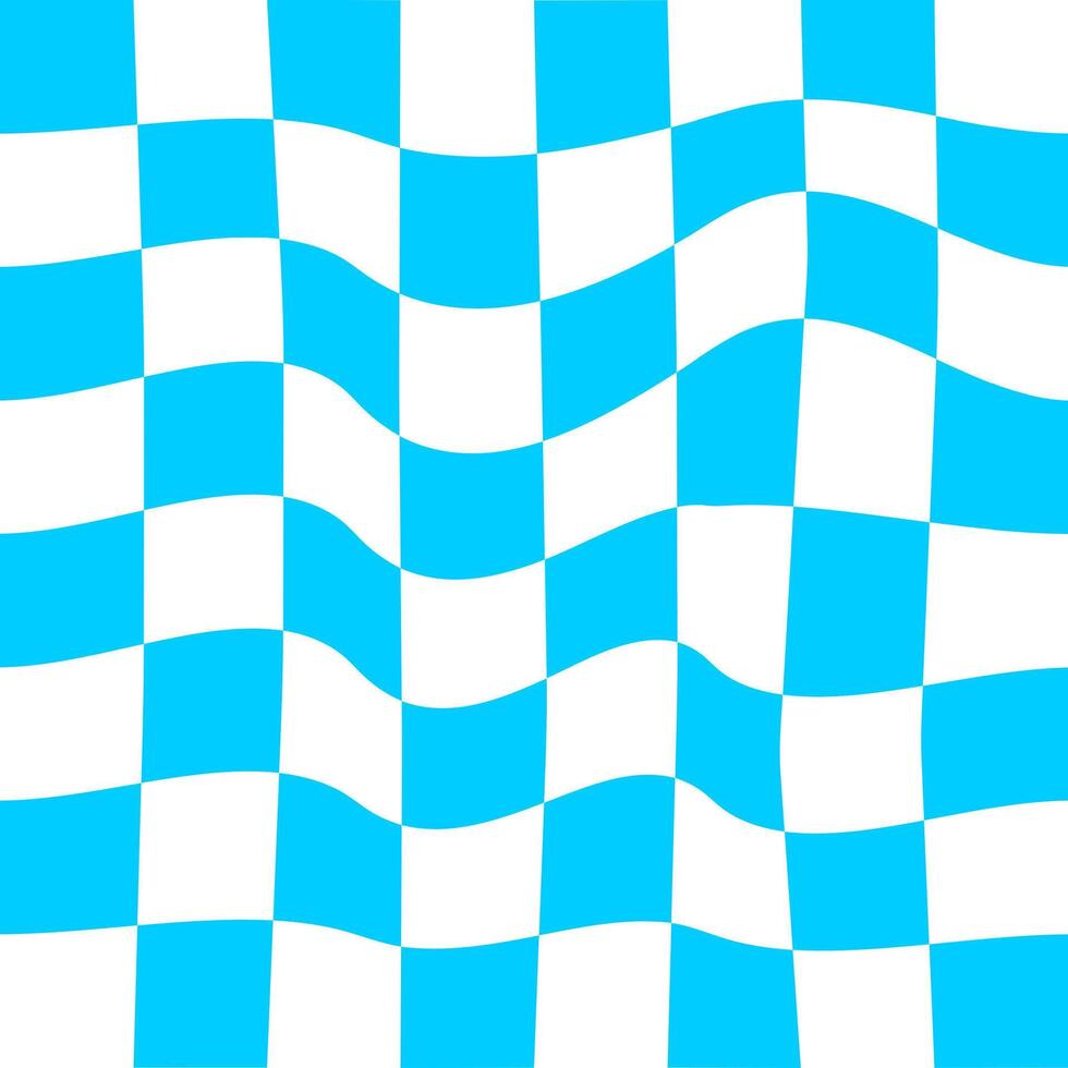 Distorted chess board background. Undulate plaid texture. Checkered visual illusion. Psychedelic pattern with warped blue and white squares. Trippy checkerboard surface. vector