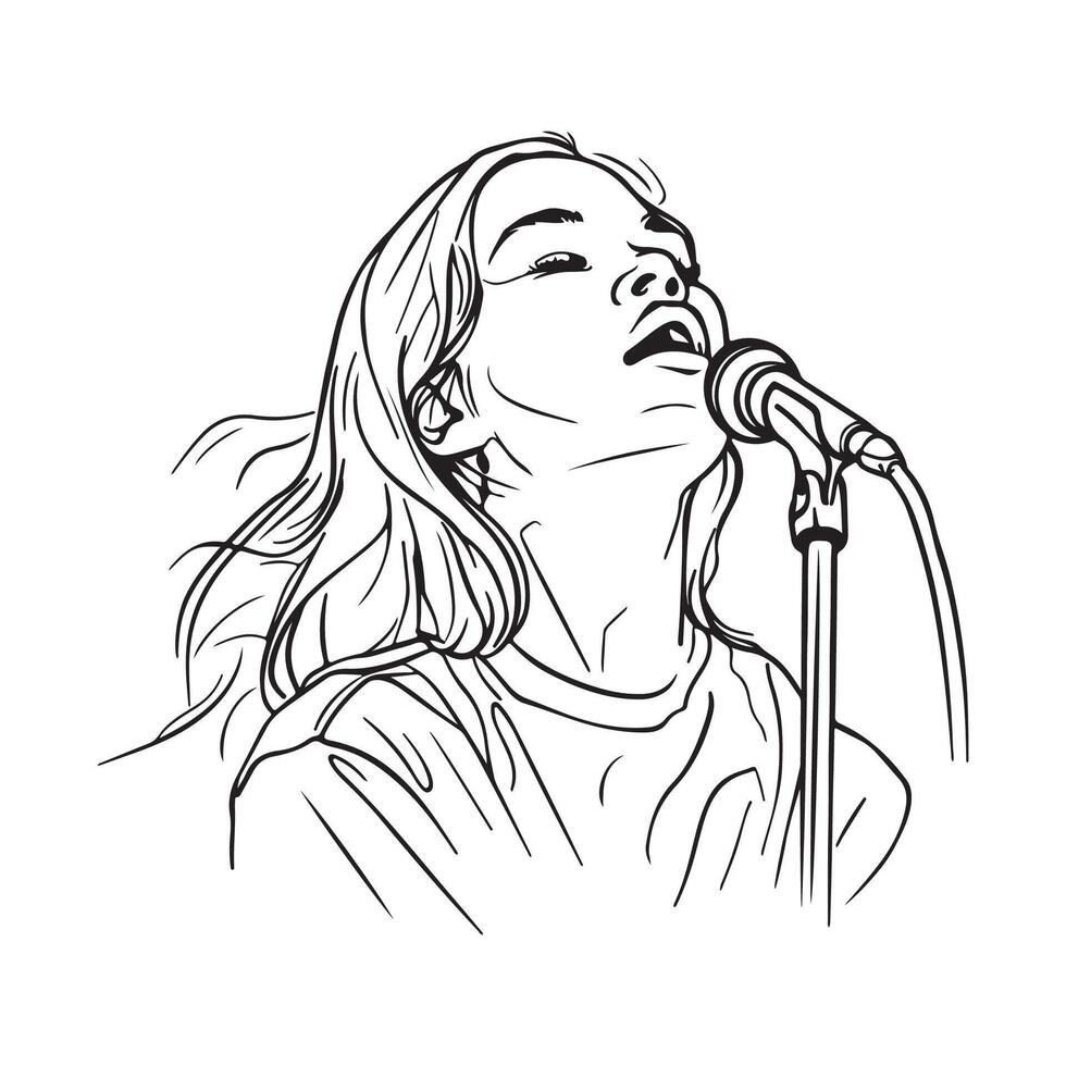 Woman singing a song with microphone illustration hand drawn isolated on white background vector