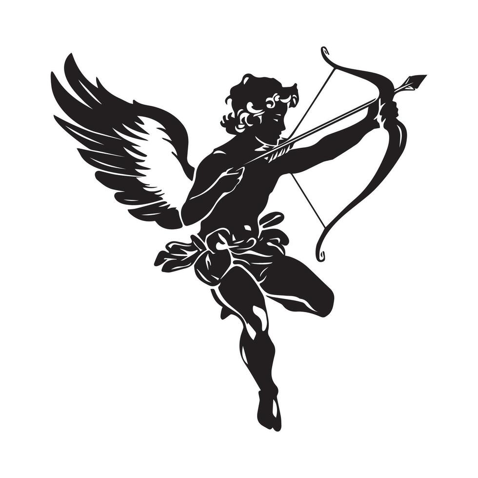 Cupid with Bow and Arrow, Silhouette Illustration Stock on white background vector