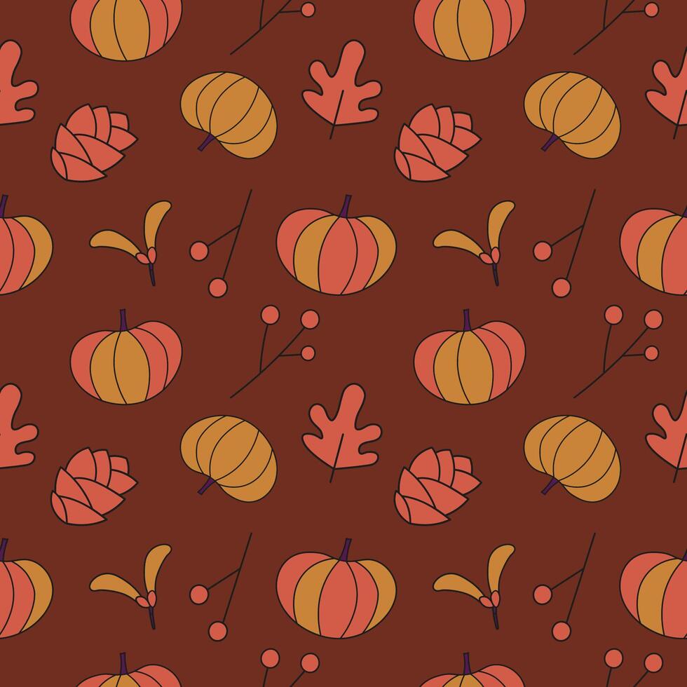 Autumn seamless pattern with colorful pumpkins, forest leaves, red berries, fall harvest. Hand drawn illustration. Repeating autumnal background. Design for Thanksgiving Day, paper, wallpaper vector
