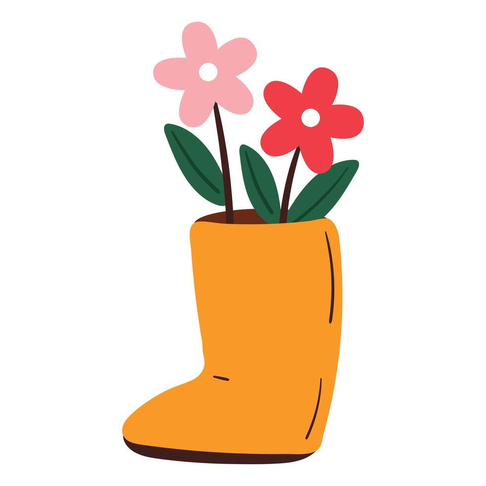 hand drawing cartoon flower and leaves inside a boots sticker. cute plant, doodle vector