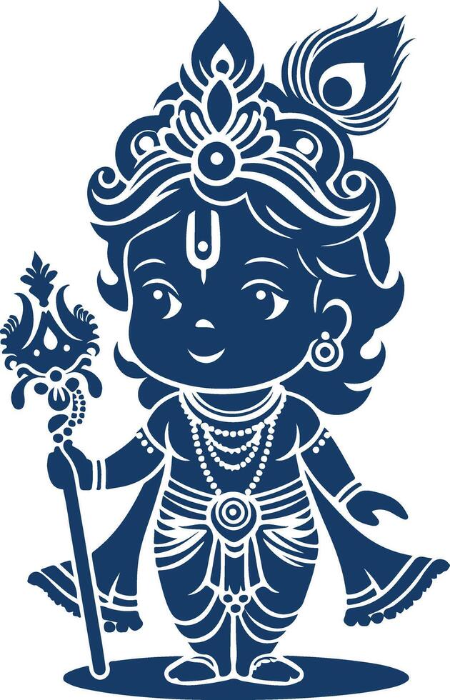 Heavenly Baby Krishna Silhouette with Flute and Peacock Feather vector