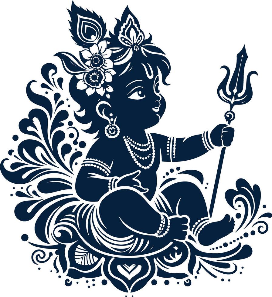 Charming Baby Krishna Silhouette in Playful Pose vector