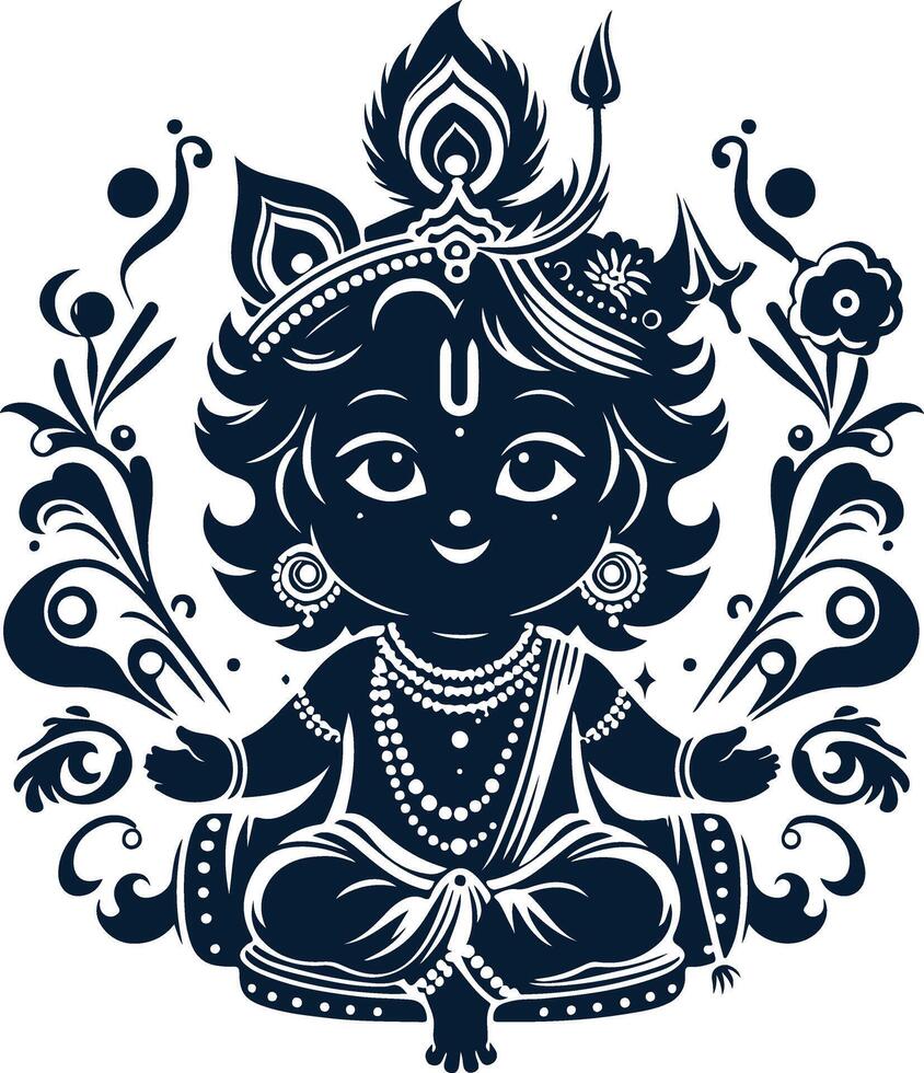Captivating Black Silhouette of Baby Krishna Playing Flute vector
