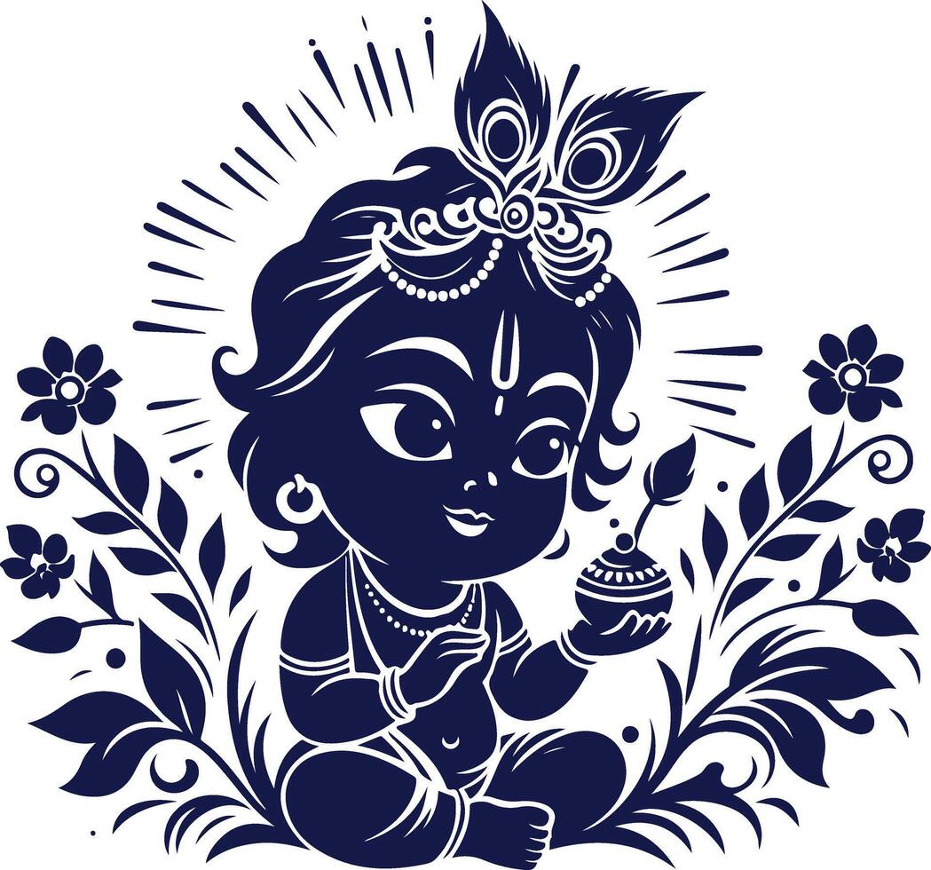 Cute Baby Krishna Silhouette in Mythical Attire vector