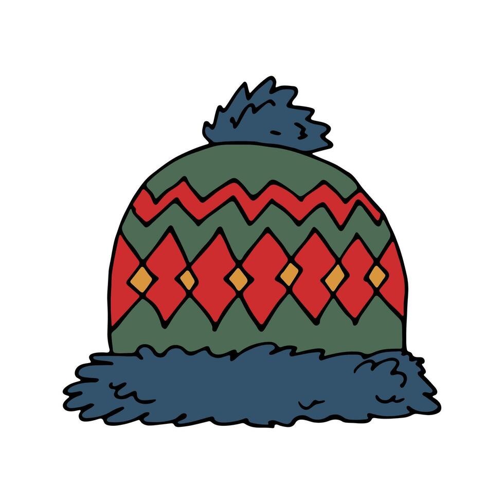 Winter cap doodle Hand drawn winter accessories Single design element for card, print, design, decor vector