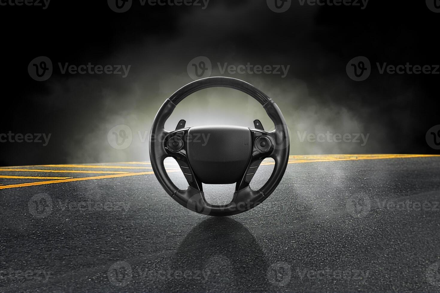 Racing steering wheel with multifunction buttons and illumination from behind with smoke on the motorsport race track at night , Car racing competition concept photo