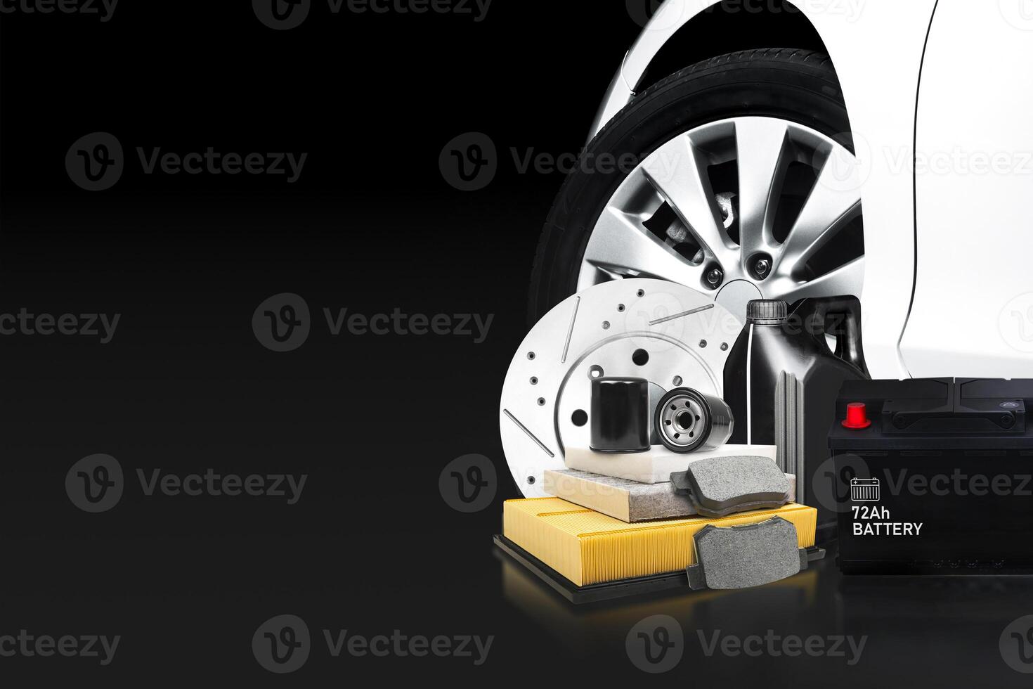 Car maintenance service concept , Auto parts and car maintenance products on black background with copy space for text photo