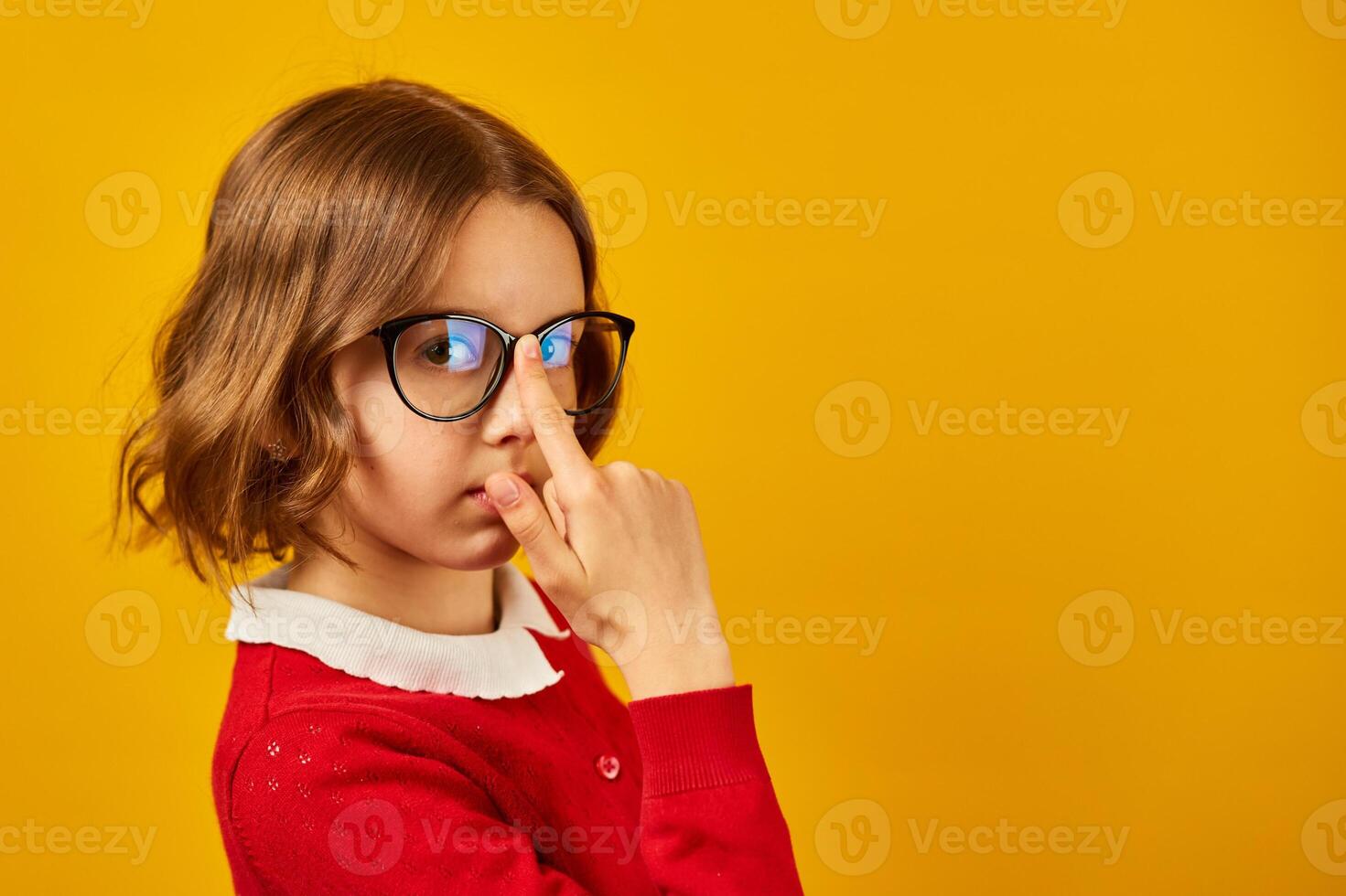 Girl in Red Shirt Wearing Glasses photo