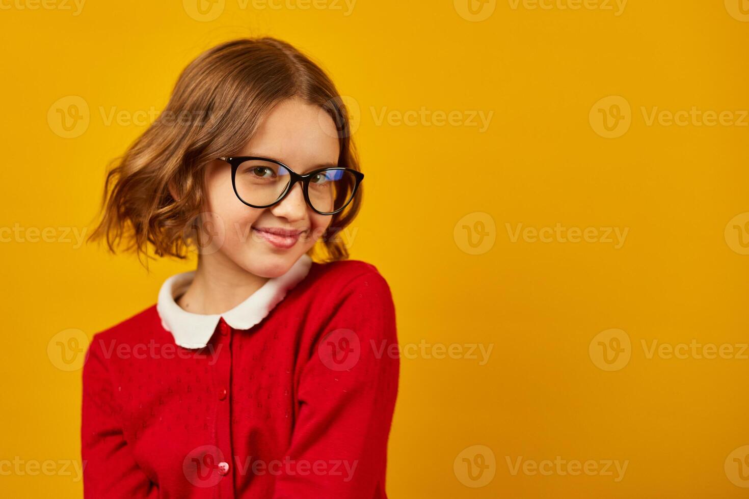 Girl in Red Shirt Wearing Glasses photo