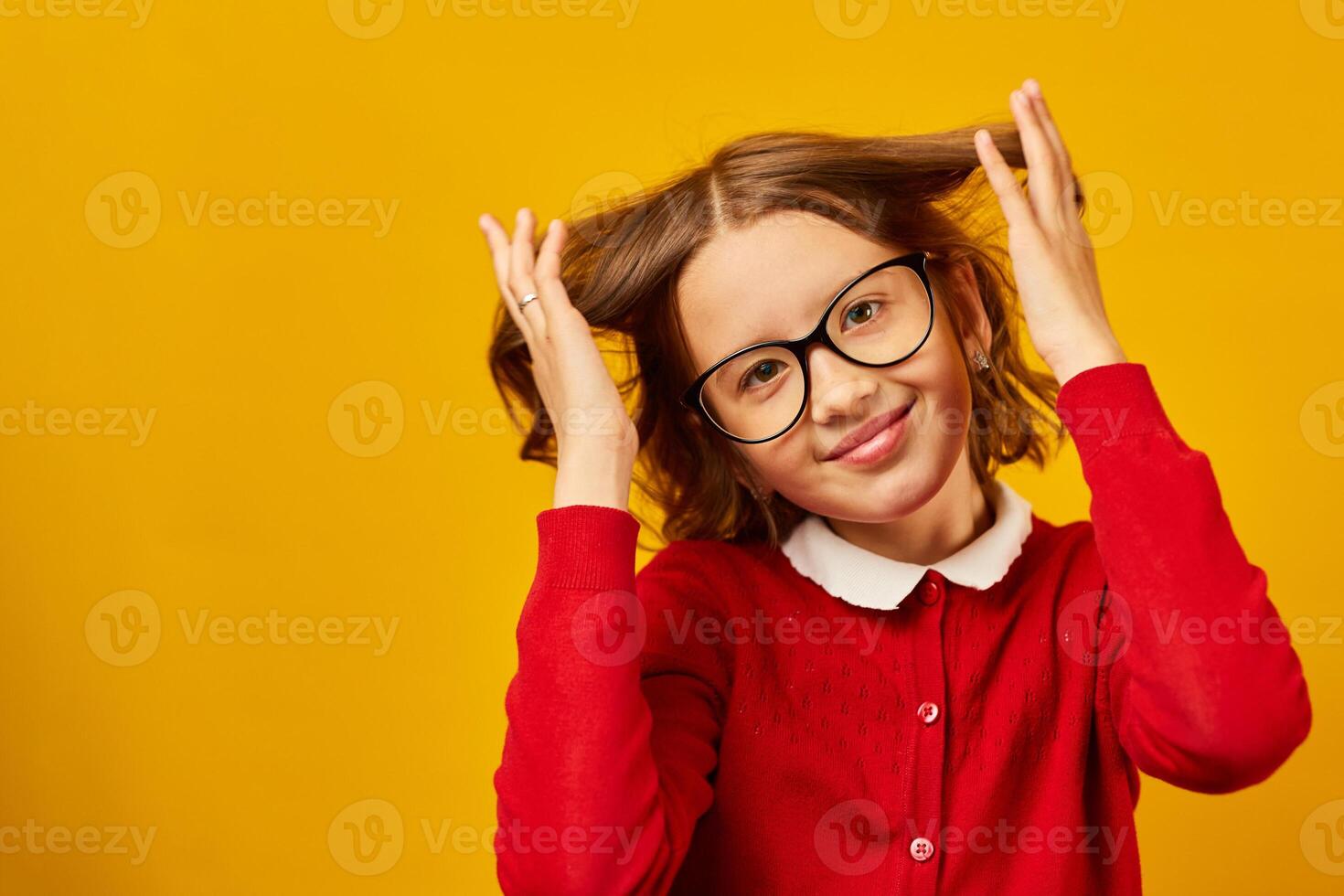 Girl in Red Shirt Wearing Glasses photo