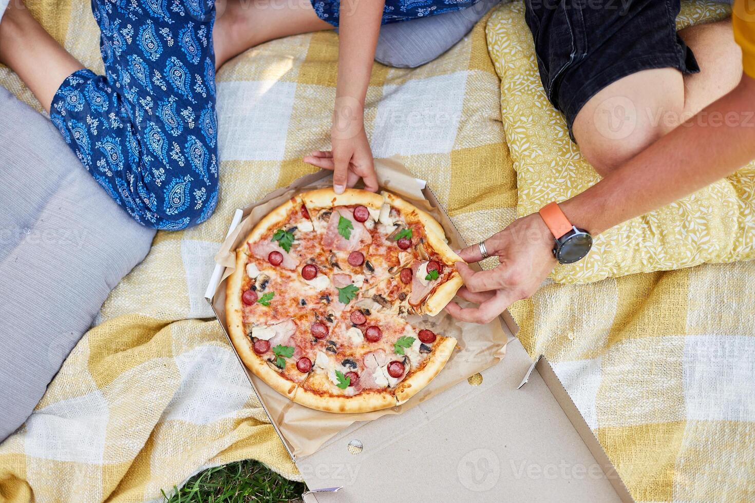 Family Sharing a Delicious Pizza During a Casual Outdoor Picnic photo