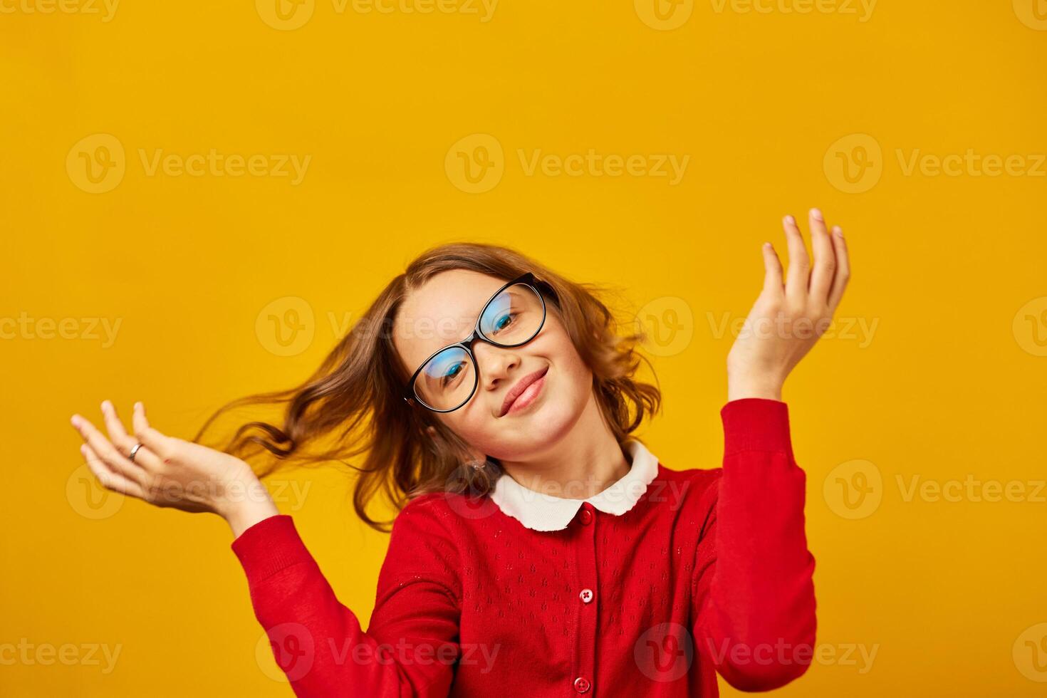 Girl in Red Shirt Wearing Glasses photo