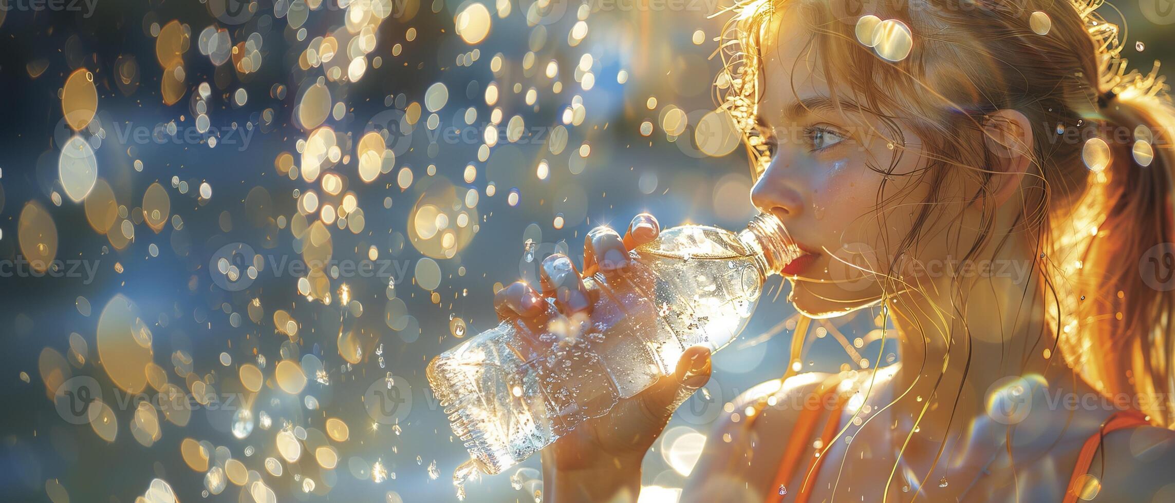 Young beautiful woman drinks clean water from a bottle. Heat, protection against dehydration in summer photo