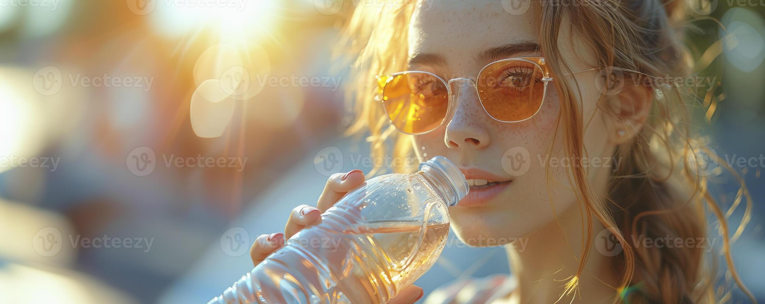 Young beautiful woman drinks clean water from a bottle. Heat, protection against dehydration in summer photo