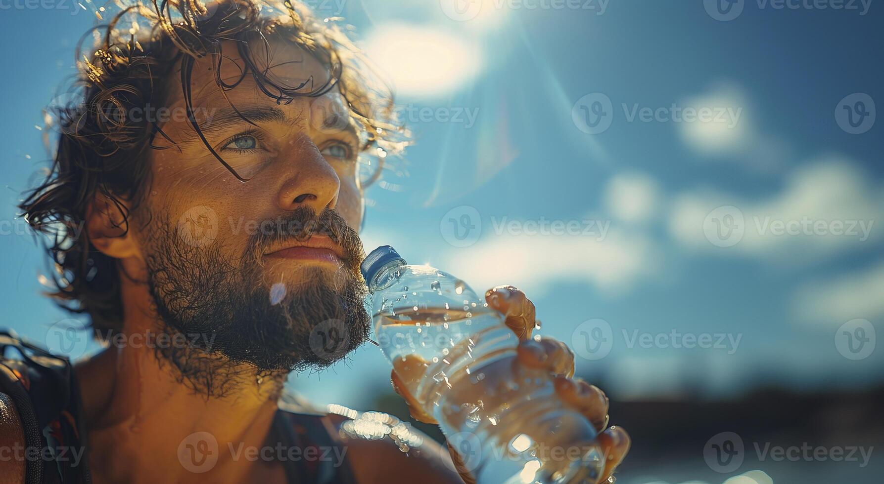 Young beautiful man drinks clean water from a bottle. Heat, protection against dehydration in summer photo