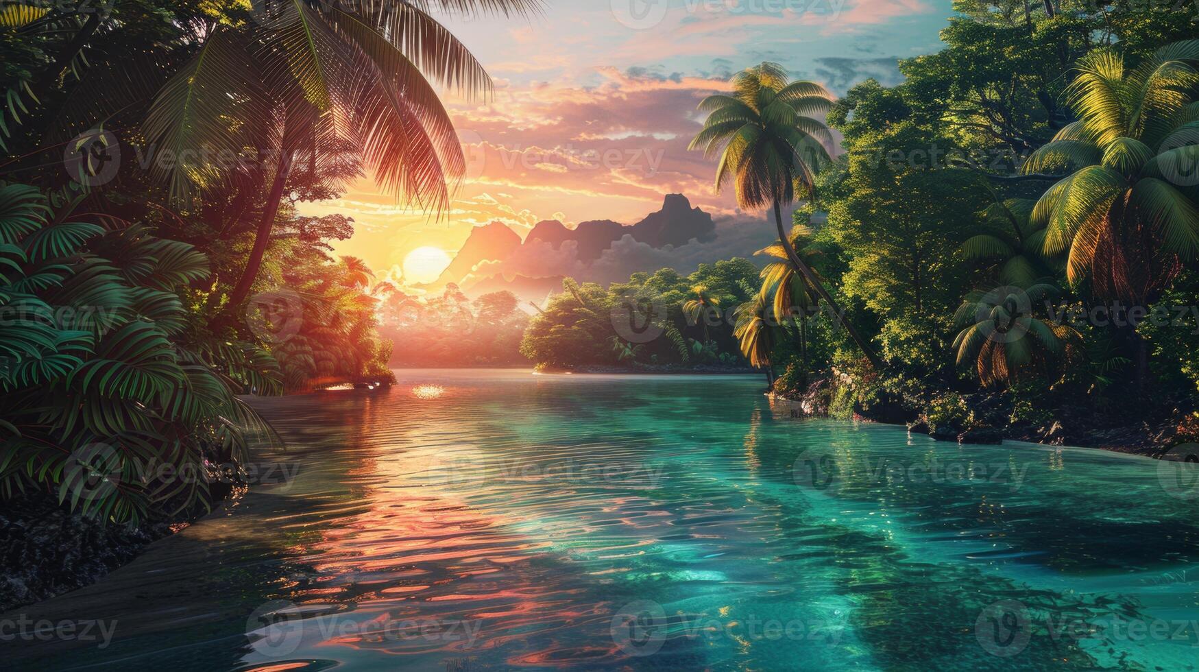 A breathtaking sunset over a tranquil tropical river, surrounded by lush vegetation and palm trees, creating a serene paradise. photo