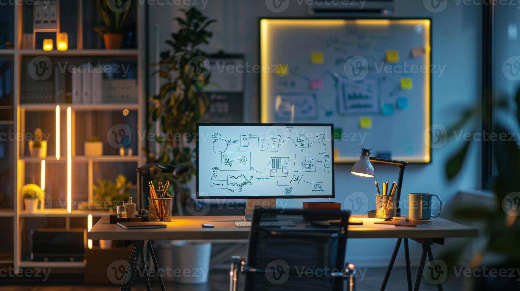 A cozy home office featuring a desk with a computer displaying diagrams, surrounded by plants, a whiteboard, and warm lighting. photo