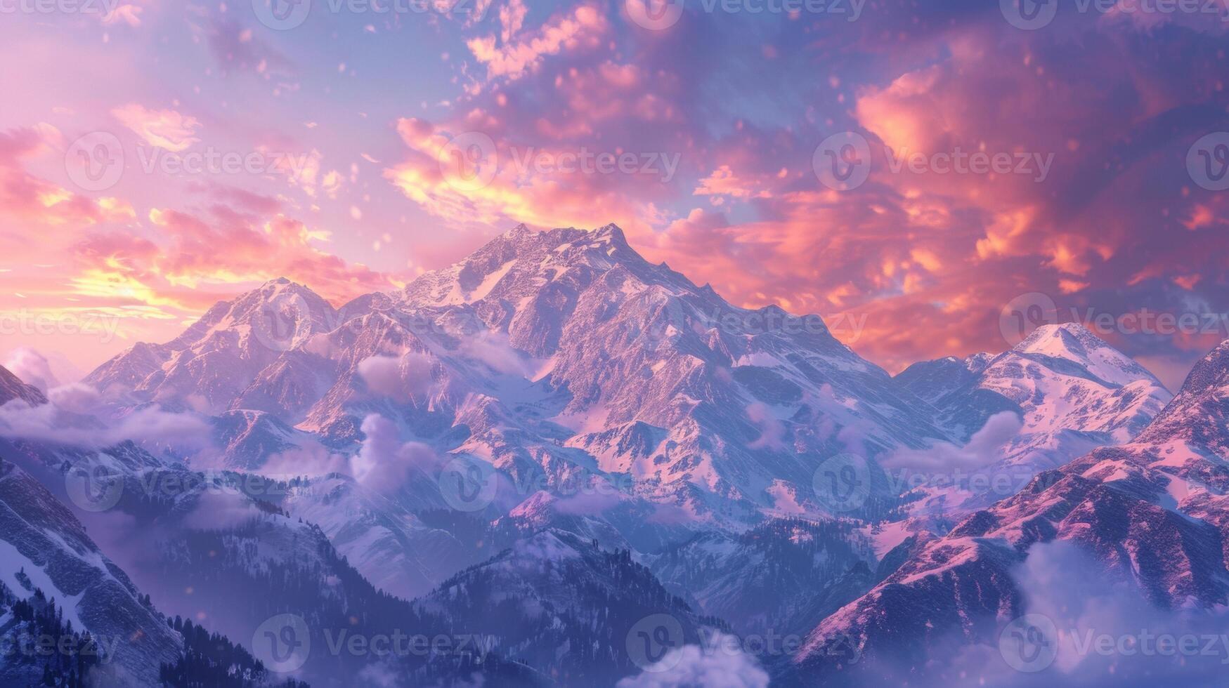 Snow-capped mountains bathed in the soft hues of sunrise, with vibrant clouds adding to the breathtaking natural beauty. photo
