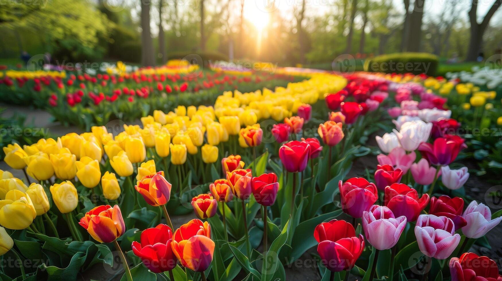 A vibrant field of red, yellow, and pink tulips illuminated by the soft light of sunrise, creating a picturesque scene. photo