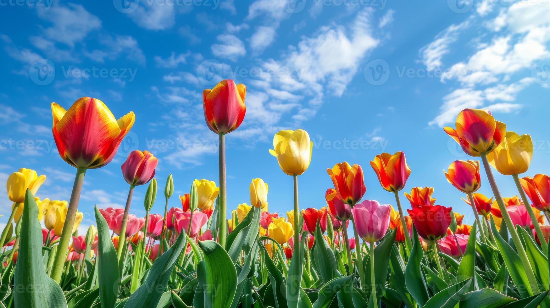 A vibrant field of red, yellow, and pink tulips blooming under a bright blue sky with scattered white clouds. photo