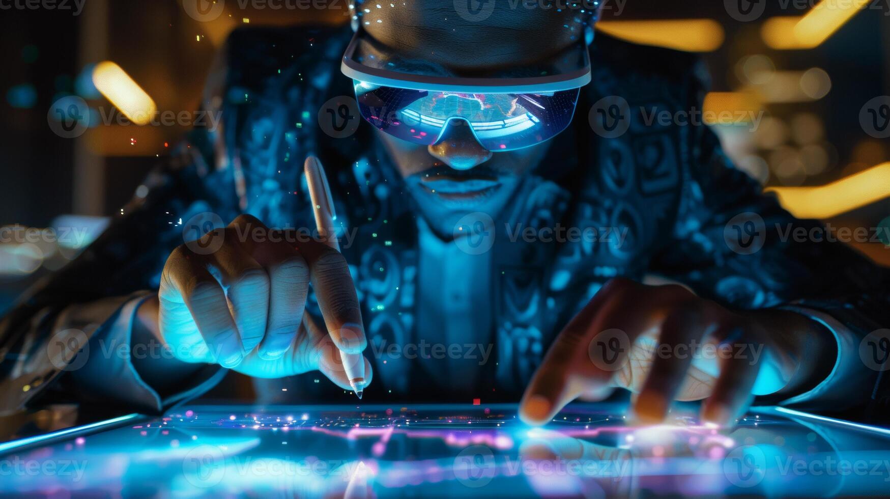 Man wearing futuristic glasses and using a stylus on an augmented reality interface, with holographic elements in a dimly lit environment. photo