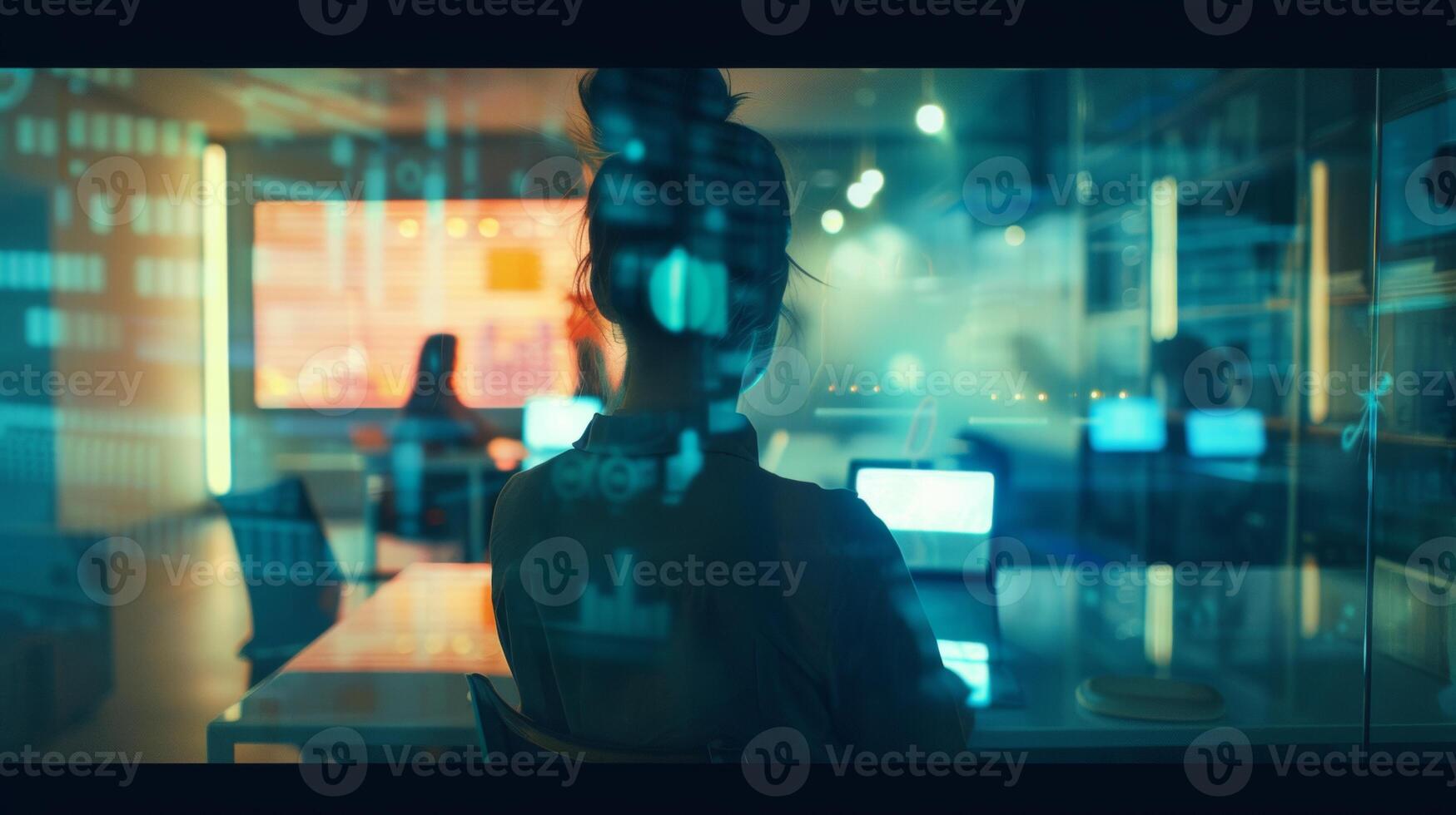 A woman in a high-tech office working on her laptop, surrounded by digital overlays and futuristic data displays in a modern workspace. photo