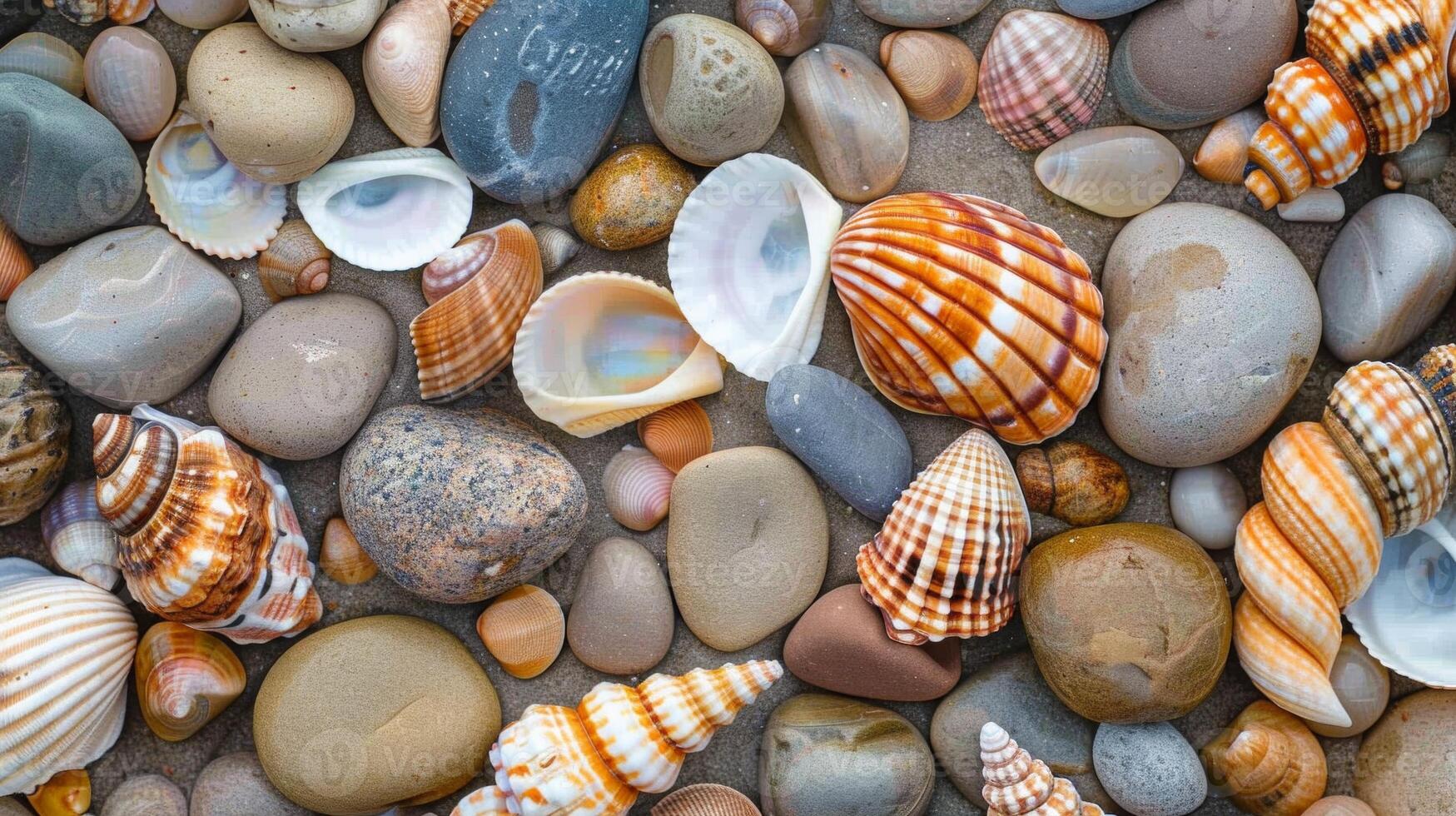 A close-up view of colorful seashells and smooth pebbles scattered on the sandy beach, showcasing natural coastal beauty. photo