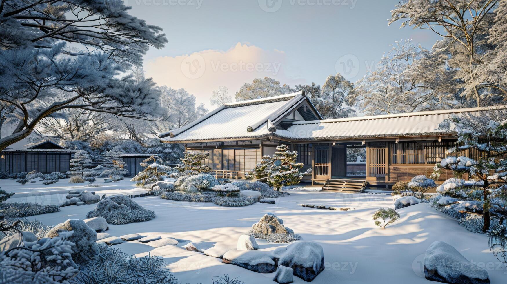 A traditional Japanese house nestled in a serene, snow-covered garden, creating a peaceful and picturesque winter scene. photo